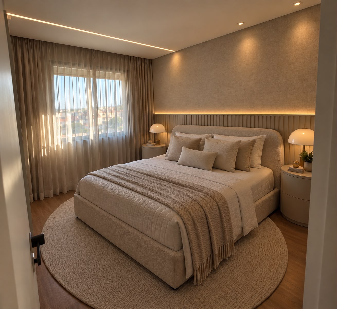 Mesmo quarto depois da consultoria, com cabeceira ripada, iluminação quente, cortinas e roupa de cama em tons neutros