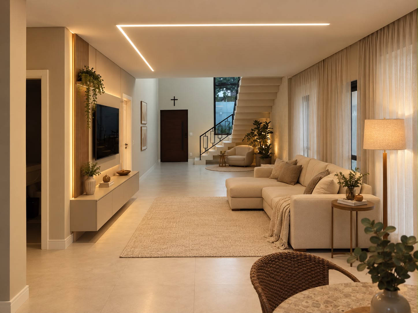 Mesma sala depois da consultoria, com sofá claro, painel ripado, cortinas leves e tapete de fibra natural